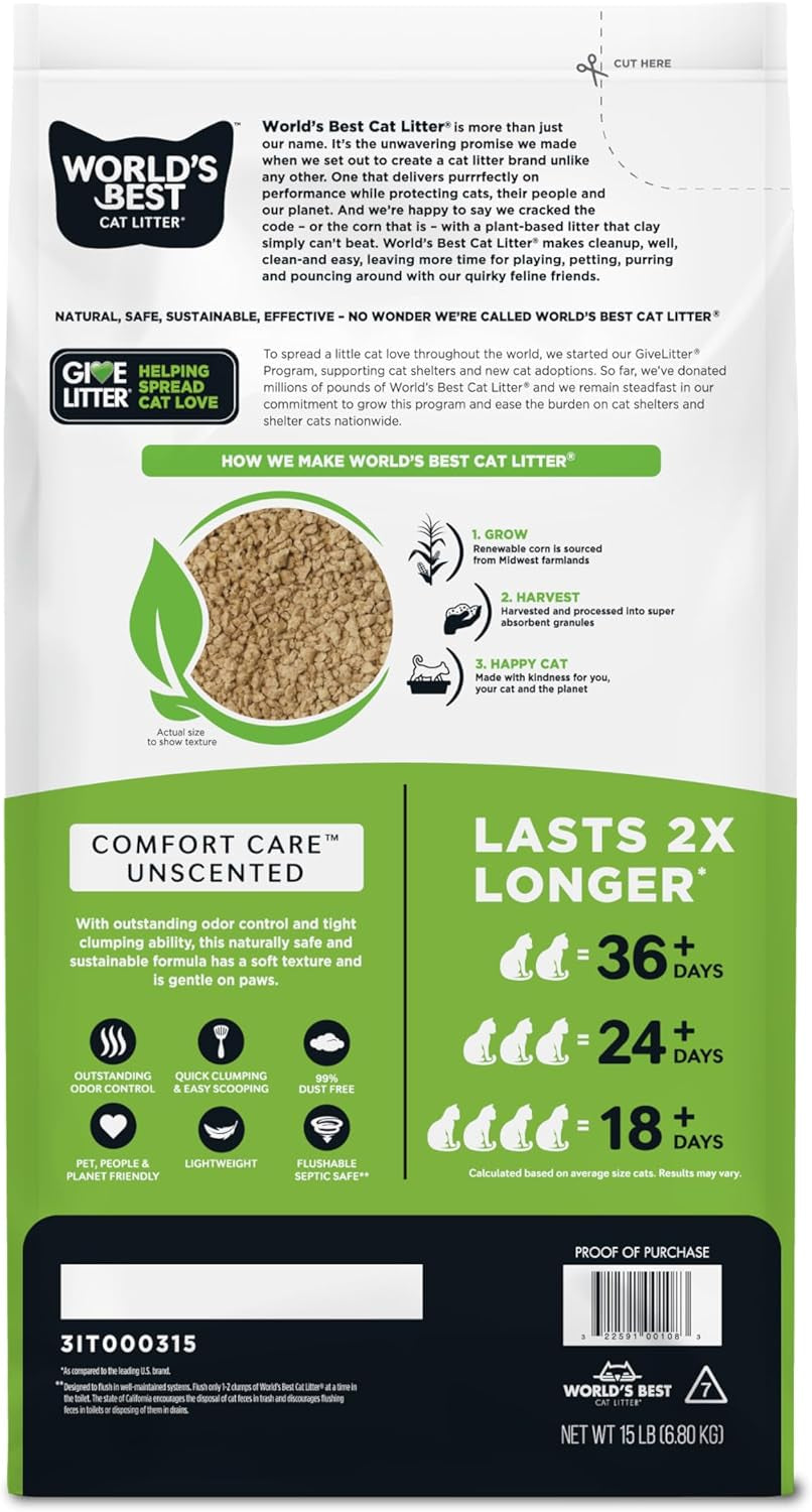 Comfort Care Unscented 15-Pounds - Natural Ingredients, Quick Clumping, Flushable, 99% Dust Free & Made in USA - Long-Lasting Odor Control & Easy Scooping