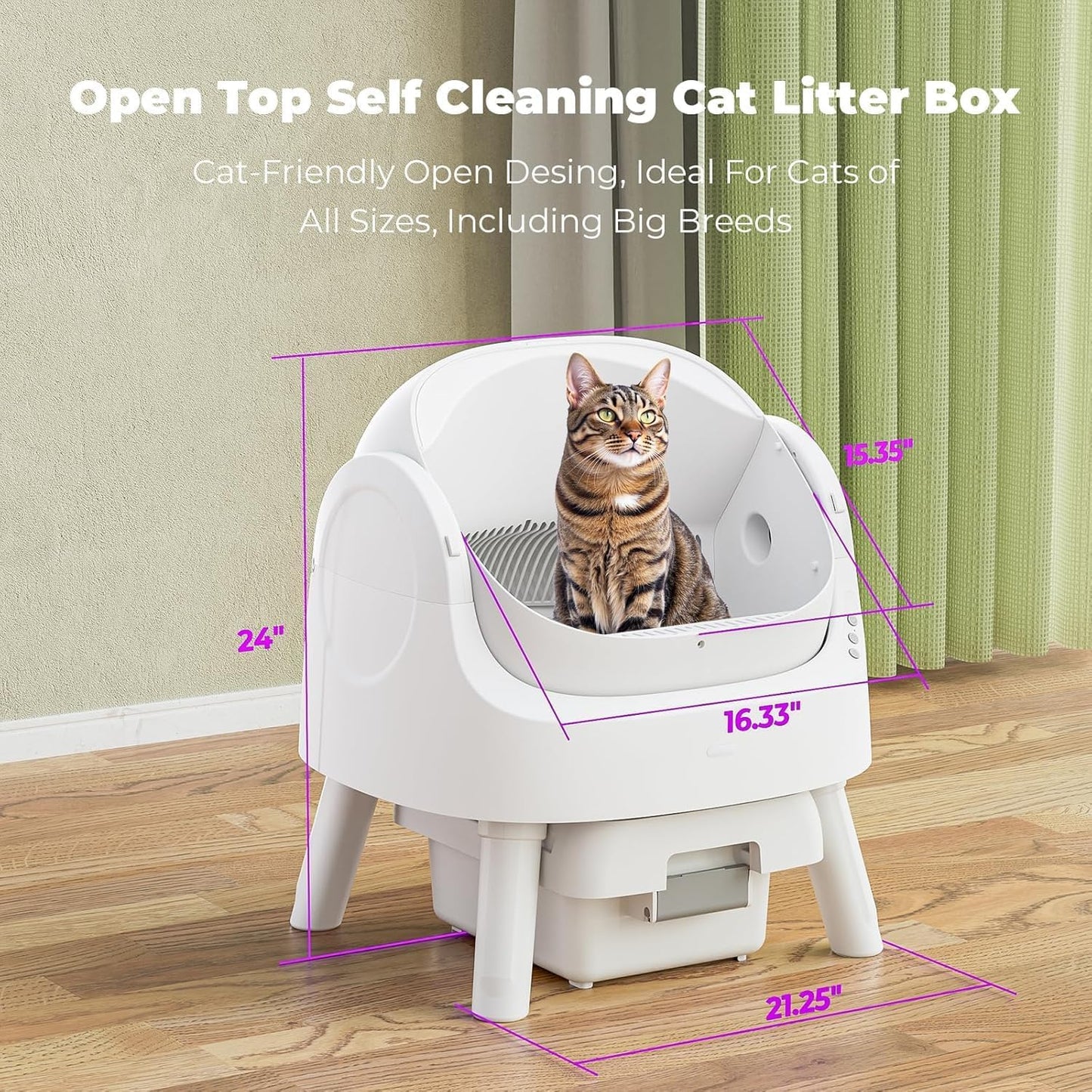Self-Cleaning Cat Litter Box for Multiple Cats - Automatic, Open Top, White with Liners and Mat Included