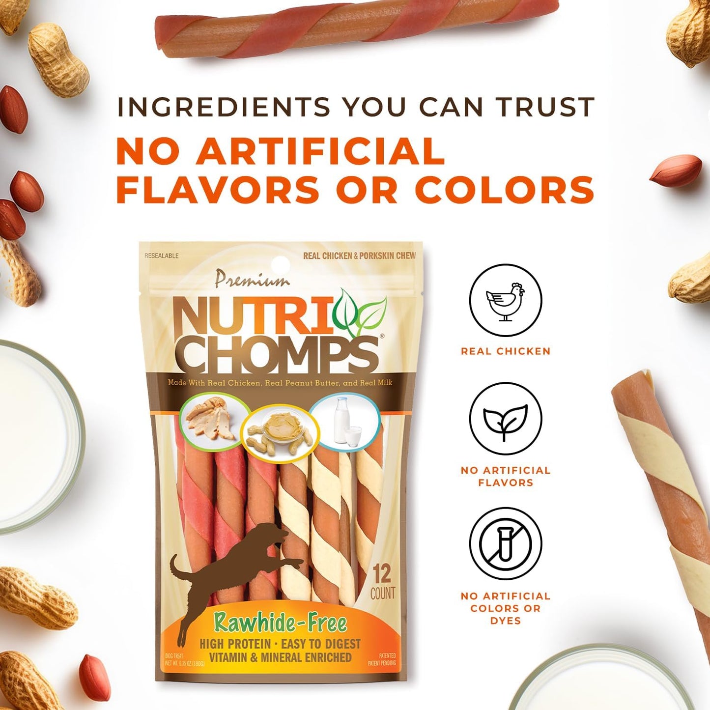 Nutrichomps Dog Chews, 5-Inch Twists, Easy to Digest, Rawhide-Free Dog Treats, 12 Count, Real Chicken, Peanut Butter and Milk Flavors