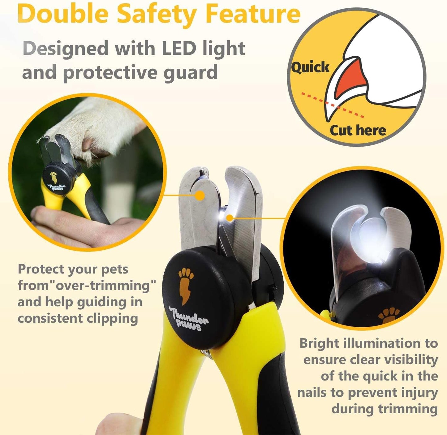 LED Dog Nail Clippers with Light, Trimmers with Protective Guard, Quick Sensor, Safety Lock and Nail File - Suitable for Large and Small Dogs & Cats (Yellow, LED)