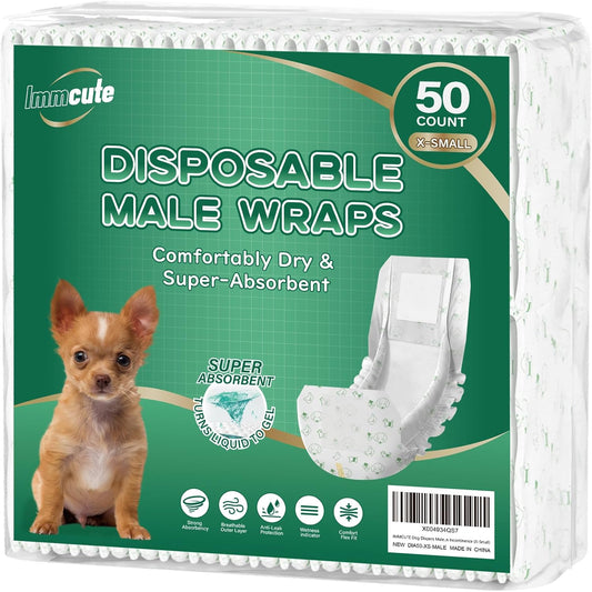 Dog Diapers Male 50 Ct, XS Size, Super-Absorbent Male Dog Wraps Disposable Doggie Diapers with Wetness Indicator, Puppy Diapers Male for Marking, Excitable Urination