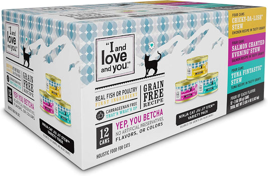 Wet Cat Food - Ninja Cat Jiu Jit Stew Variety Pack - Chicken, Salmon, Tuna, Grain Free, Filler Free, 3Oz Pack of 12 Cans