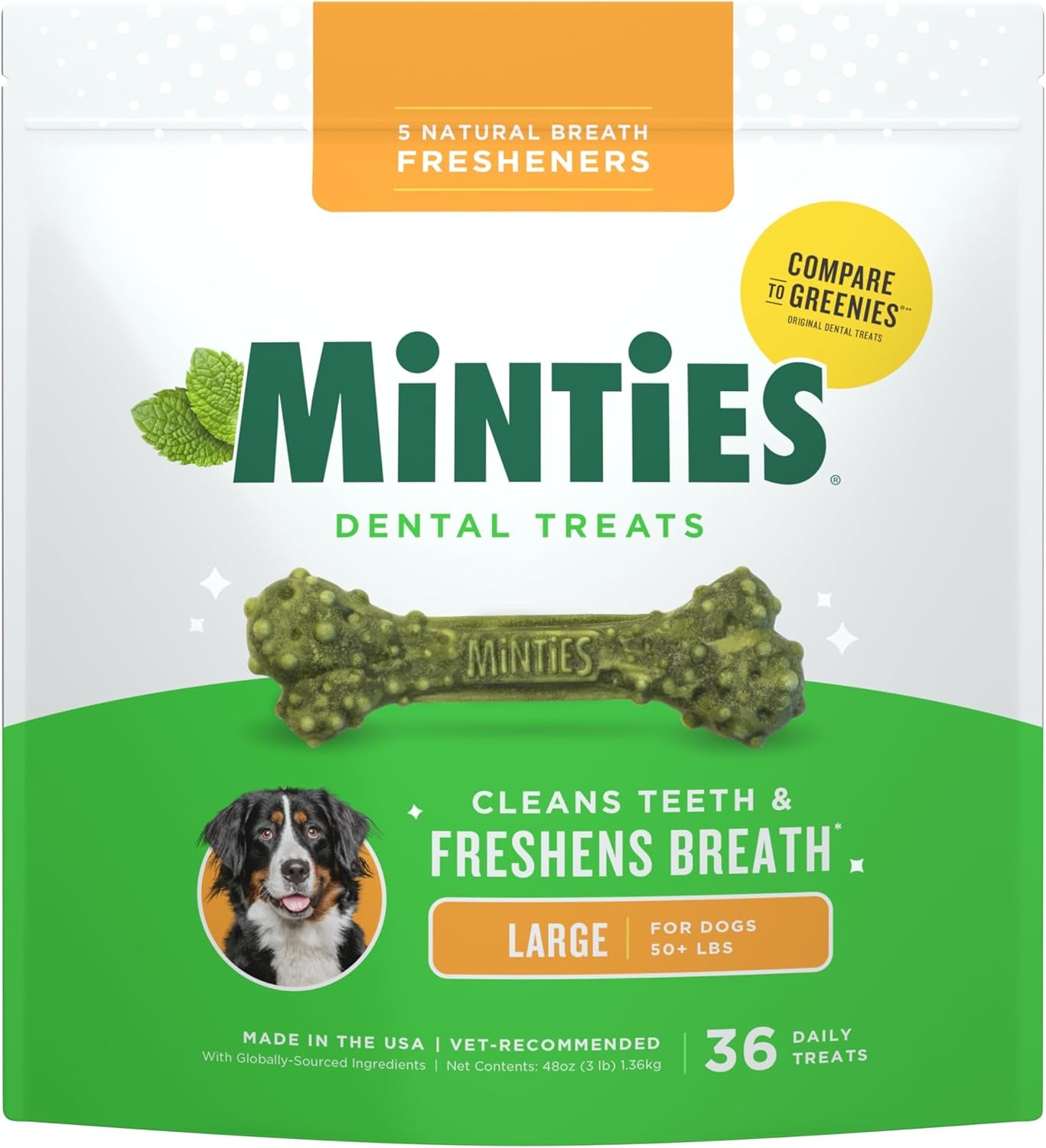 Dental Chews for Dogs, 36 Count, Vet-Recommended Mint-Flavored Treats for Large Dogs over 50 Lbs, Dental Bones Clean Teeth, Fight Bad Breath, and Removes Plaque and Tartar