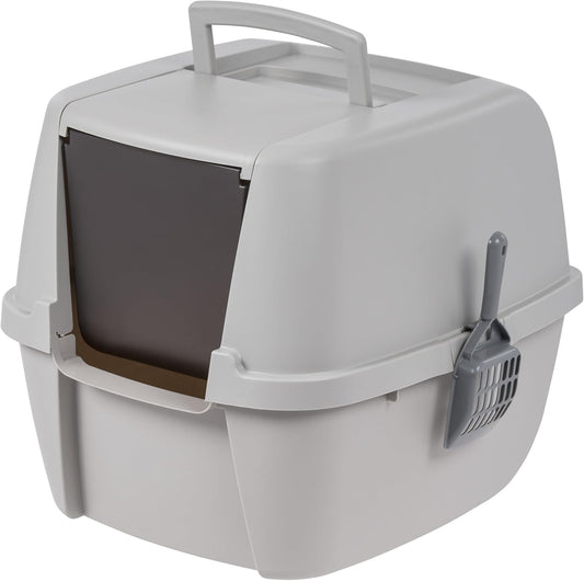USA Jumbo Enclosed Cat Litter Box with Front Door Flap and Scoop, Covered Kitty Litter Box with Handle and Buckles for Portability and Privacy, Gray