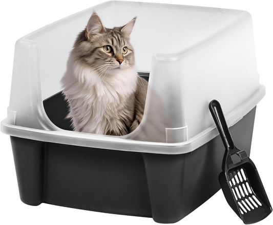USA Large Open Top Cat Litter Box with High Sides, Scatter Shield & Scoop, Black - Easy Clean Plastic Litter Pan for Indoor Cats, Kittens or Multicat Homes