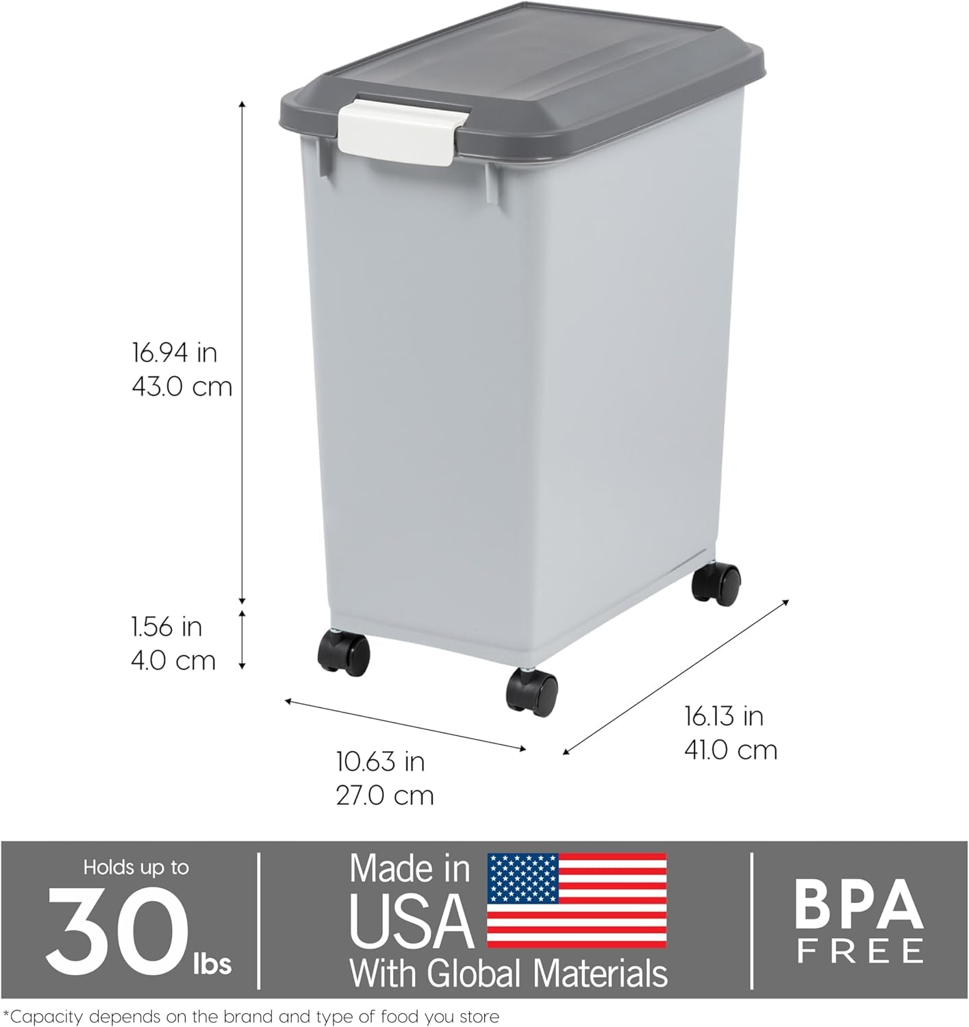 Dog Food Storage Container with Wheels, Airtight Lid, 2-Cup Scoop, up to 30 Pounds Pet Food Storage, Built in Scoop Storage in Lid, Versatile Pet Food Bin, Portable, BPA Free, Gray/Dark Gray