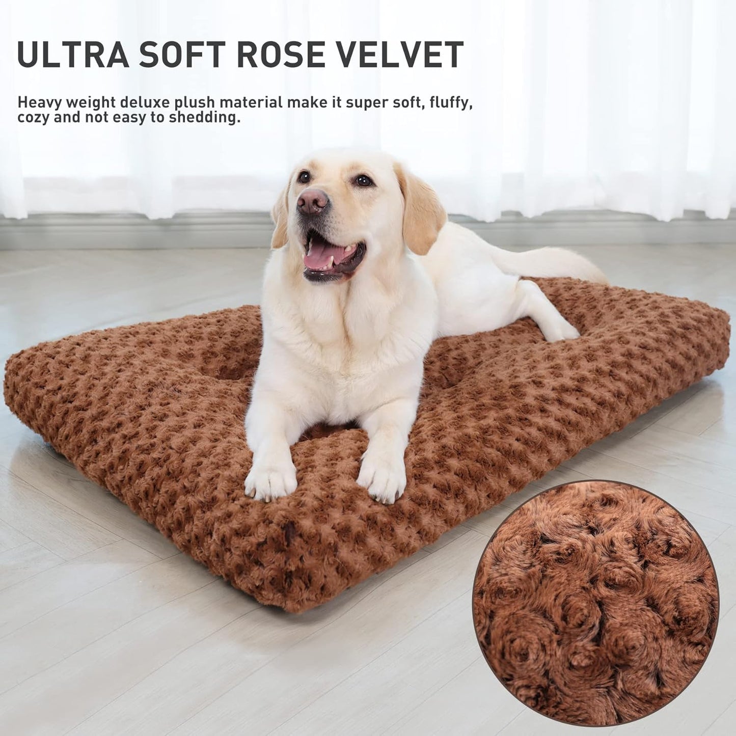 Washable Dog Bed Deluxe Plush Dog Crate Beds Comfy Kennel Pad Anti-Slip Pet Sleeping Mat for Large, Jumbo, Medium, Small Dogs Breeds, 35" X 23", Brown