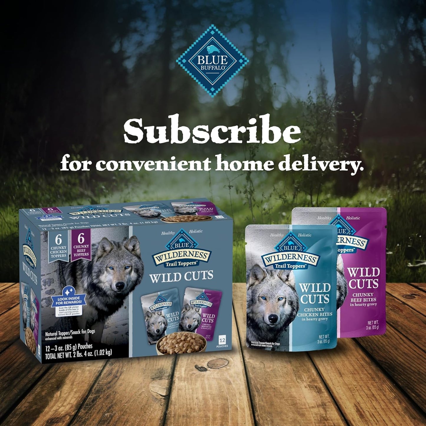Wilderness Trail Toppers Wild Cuts Wet Dog Food Variety Pack, High-Protein & Grain-Free, Made with Natural Ingredients, Chicken and Beef Flavors, 3-Oz Pouches, (12 Count, 6 of Each)