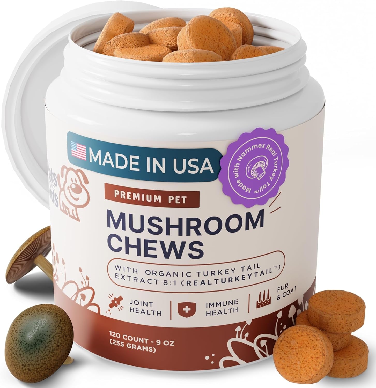 Turkey Tail Mushroom for Dogs with Organic Real Turkey Tail™ - 8:1 Extract Mushroom Chews for Lumps & Bumps, Immunity, Gut, Skin, Joint & Spine Support - Reishi, Lion’S Mane - 120 Soft Chews