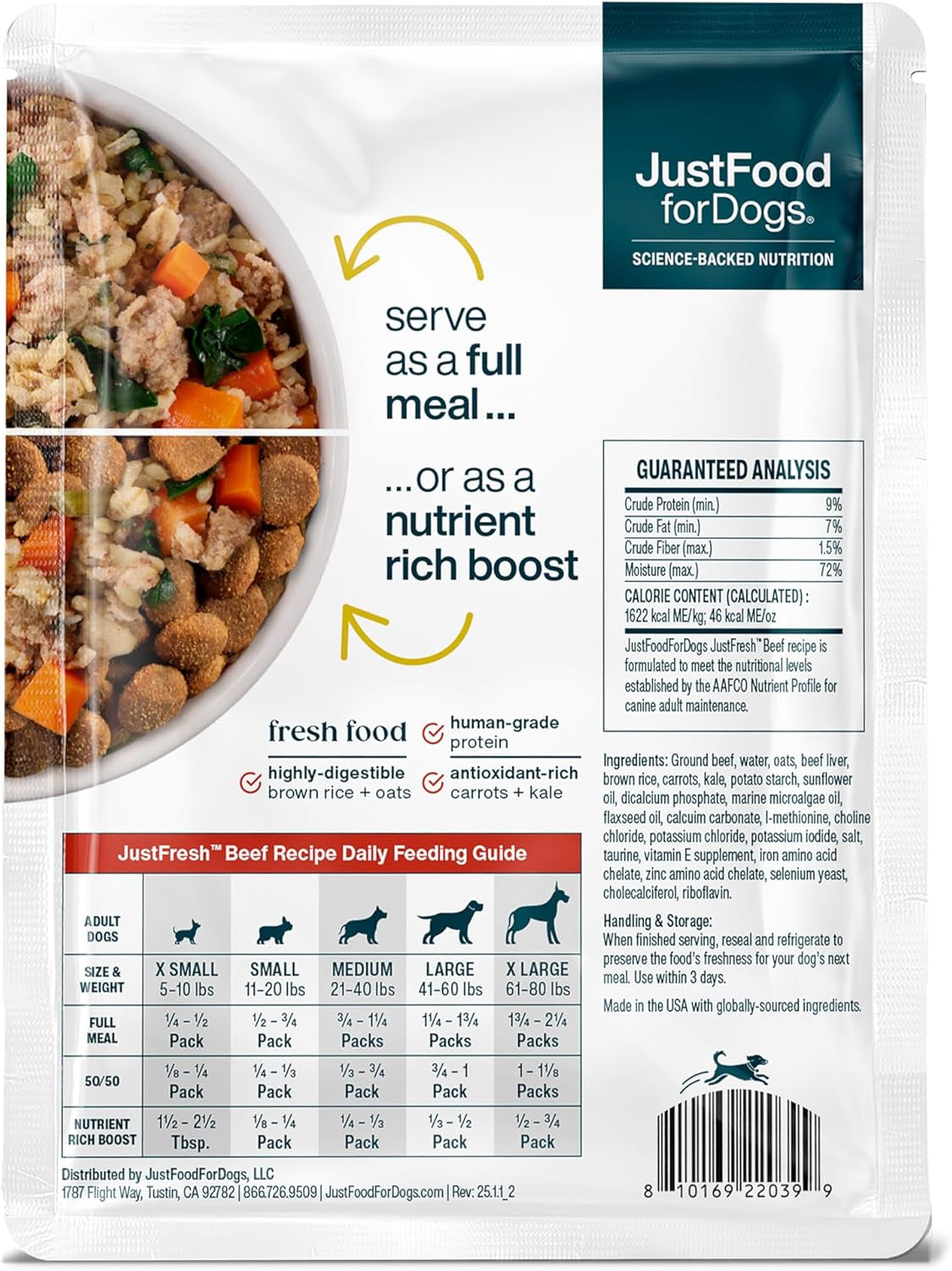 Justfresh Wet Dog Food, Fresh Pet Meals and Toppers with No Preservatives, Resealable Package, Human Grade, Home-Cooked Beef, 12 Oz - 7 Pack