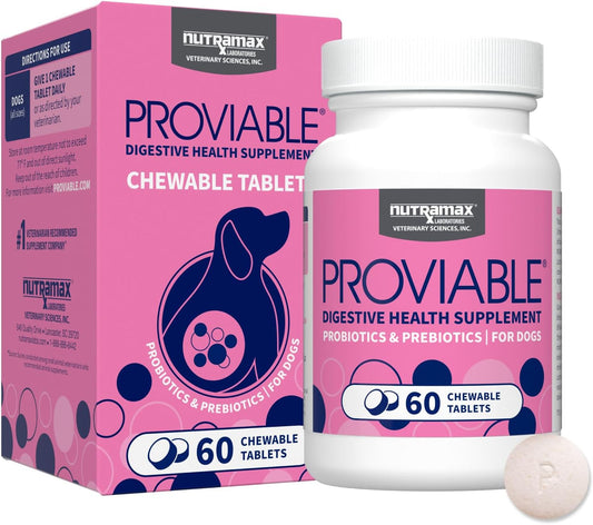 Nutramax Proviable Probiotics for Dogs, Daily Digestive Health Supplement with Multiple Strains of Bacteria, Dog Probiotics plus Prebiotics, 60 Chewable Tablets