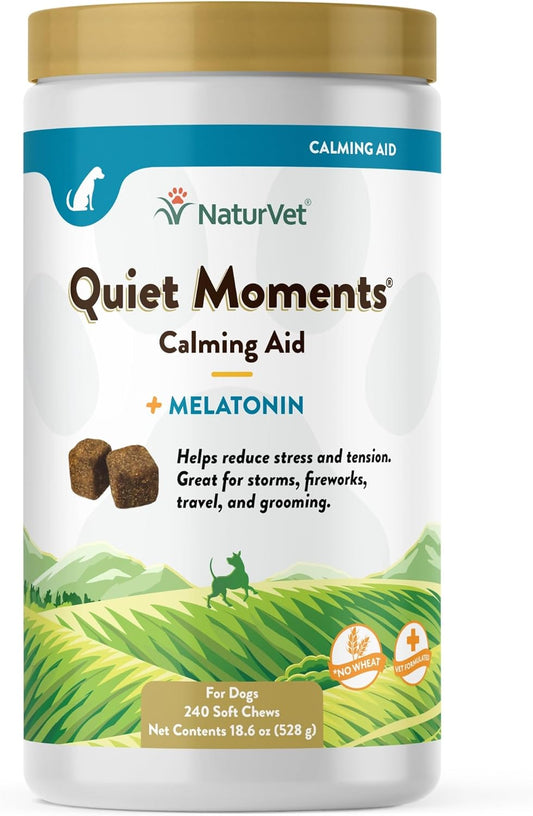 Quiet Moments Calming Dog Supplement, Dog Soft Chews with Melatonin to Help Reduce Stress from Storms, the Vet, Fireworks, and Travel, Bacon and Chicken Flavored Pet Supplement, 240 Count Jar