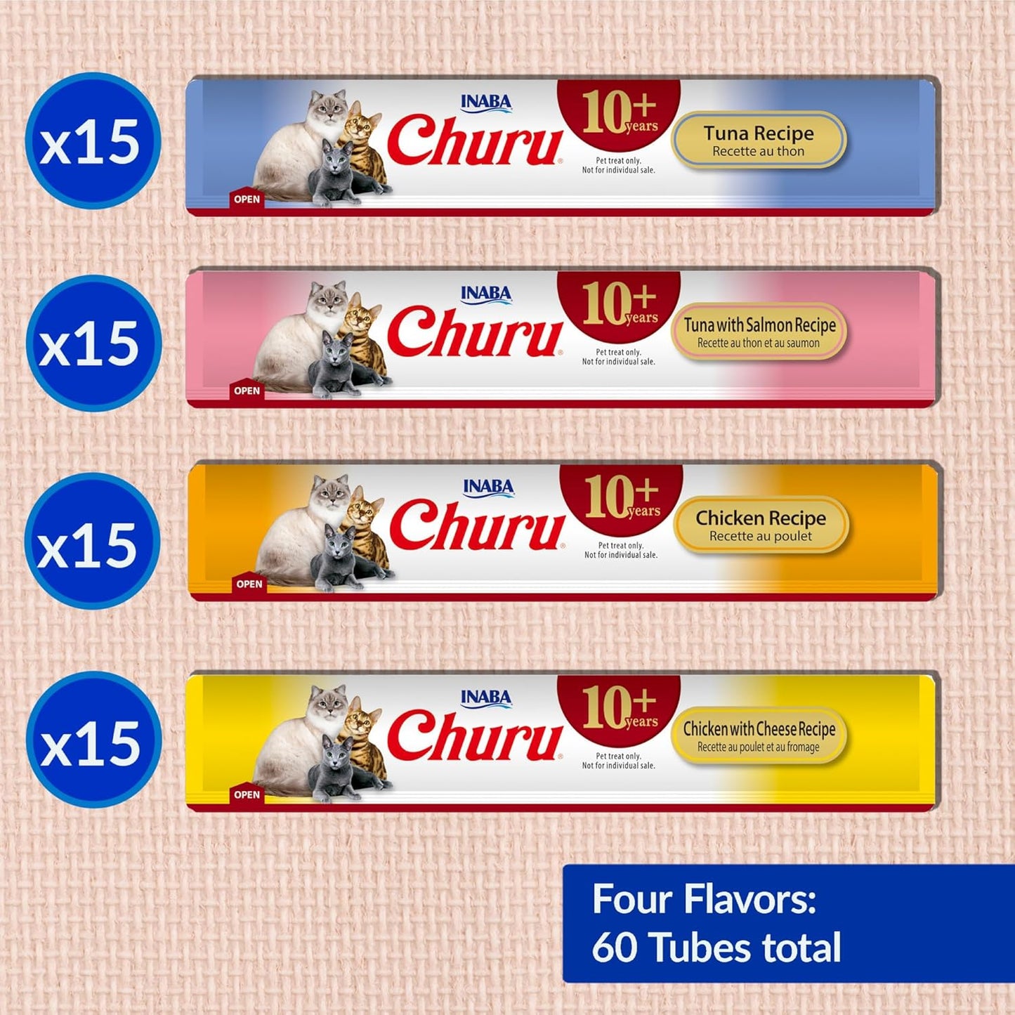 Churu for Senior 10+, Creamy Lickable Cat Treats with Taurine, Vitamin E & C, 0.5 Ounces Each, 60 Tubes, Tuna & Chicken Variety