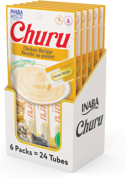 Churu Cat Treats, Grain-Free, Lickable, Squeezable Creamy Purée Cat Treat/Topper with Vitamin E & Taurine, 0.5 Ounces Each Tube, 24 Tubes (4 per Pack), Chicken Recipe