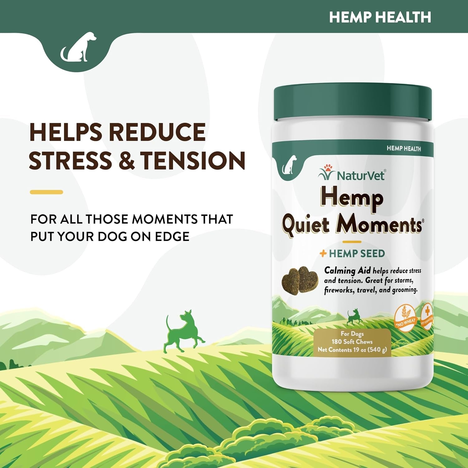 Quiet Moments Calming Aid Dog Supplement, Helps Promote Relaxation, Reduce Stress, Storm Anxiety, Motion Sickness for Dogs (Quiet Moments plus Hemp, 180 Soft Chews)