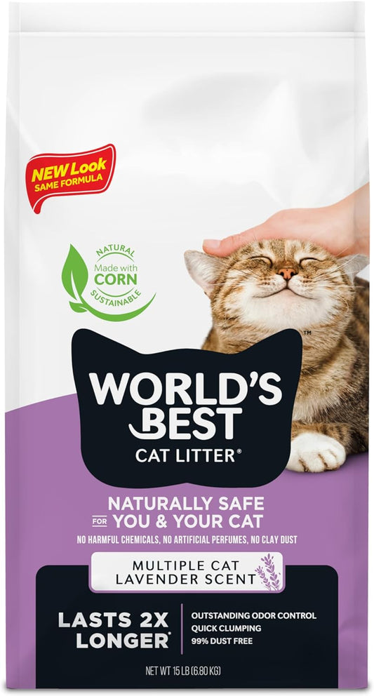 Multiple Cat Lavender Scented 15-Pounds - Natural Ingredients, Quick Clumping, Flushable, 99% Dust Free & Made in USA - Calming Fragrance & Long-Lasting Odor Control