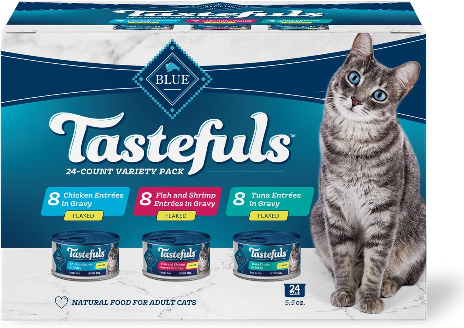 Tastefuls Flaked Wet Cat Food Variety Pack, Made with Natural Ingredients, Tuna, Chicken, Fish & Shrimp, 5.5-Oz Cans (24 Count, 8 of Each)