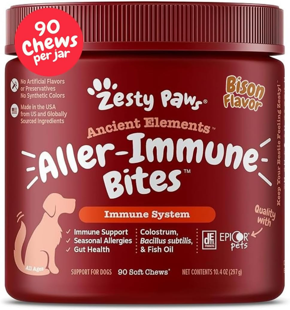 Dog Allergy Relief - anti Itch Supplement - Omega 3 Probiotics for Dogs - Digestive Health - Soft Chews for Skin & Seasonal Allergies - with Epicor Pets - Bison - 90Ct