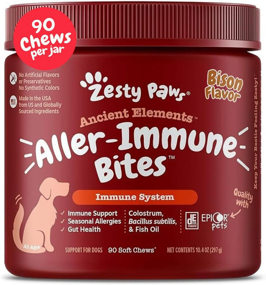 Dog Allergy Relief - anti Itch Supplement - Omega 3 Probiotics for Dogs - Digestive Health - Soft Chews for Skin & Seasonal Allergies - with Epicor Pets - Bison - 90Ct