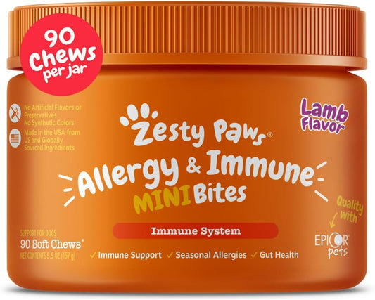 Dog Allergy Relief Chews, Dog Probiotics for Itchy Skin and Ears, Lamb, Mini, 90Ct