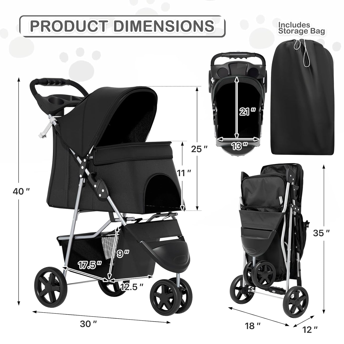 Foldable Pet Stroller with Weather Cover, 3 Wheels Pet Strolling Cart for Small/Medium Dogs and Cats with Storage Basket and Cup Holder, Breathable and Visible Mesh for All-Season, Black