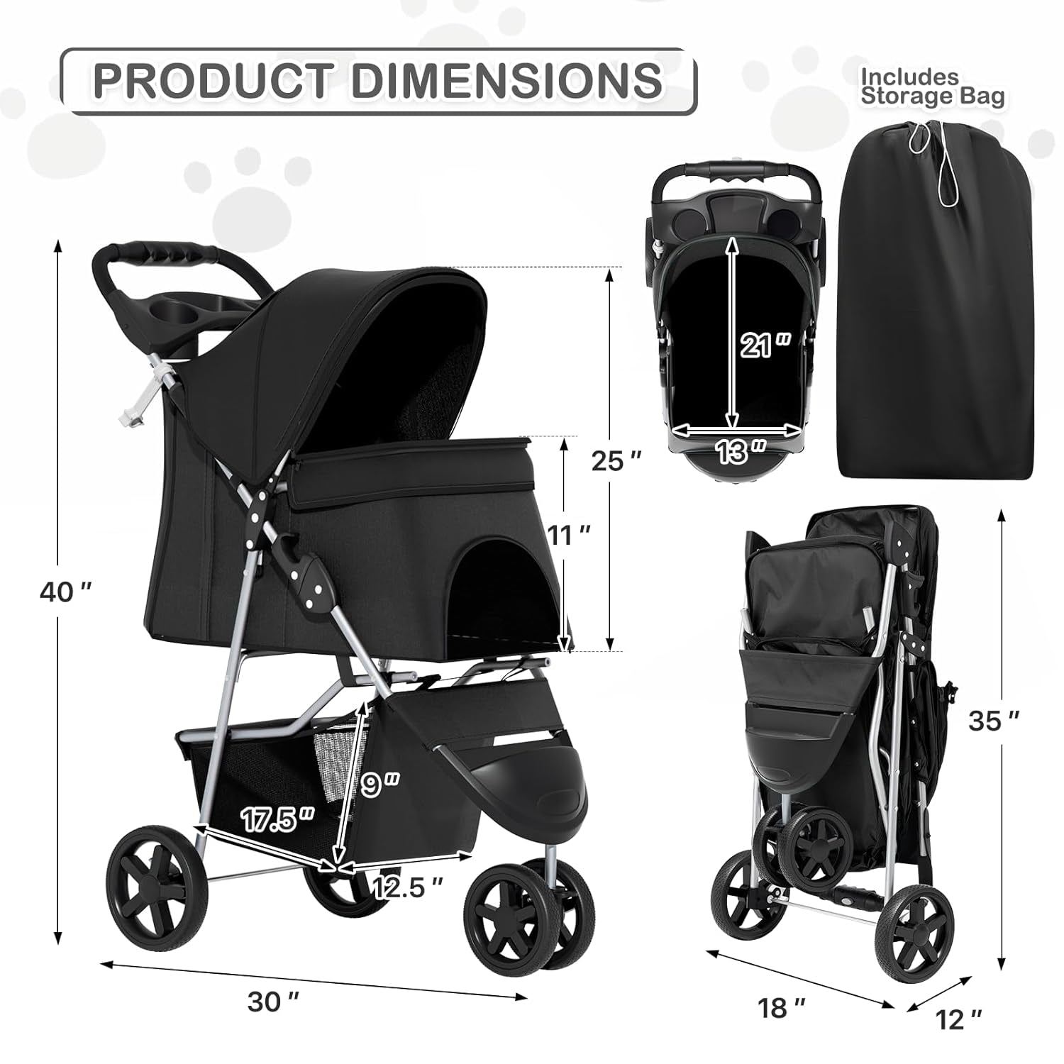 Foldable Pet Stroller with Weather Cover, 3 Wheels Pet Strolling Cart for Small/Medium Dogs and Cats with Storage Basket and Cup Holder, Breathable and Visible Mesh for All-Season, Black