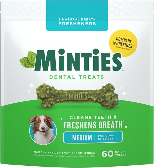 Dental Chews for Dogs, 60 Count, Vet-Recommended Mint-Flavored Treats for Medium Dogs 25-50 Lbs, Bones Clean Teeth, Fight Bad Breath, and Removes Plaque and Tartar