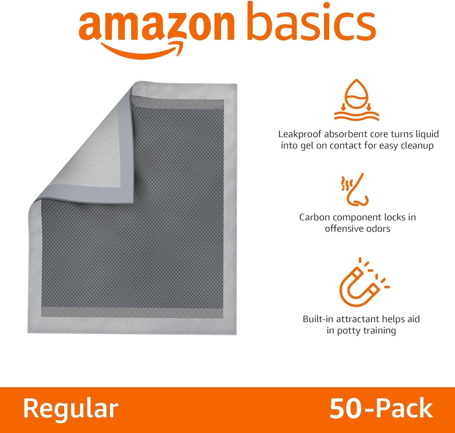 Carbon Odor-Control Dog and Puppy Pee Pads, 5-Layer Leak-Proof Super Absorbent, Quick-Dry Surface, Potty Training, X-Large (28X34"), 50 Count, Gray