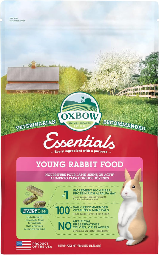 Essentials Rabbit Food, Young Rabbit, Made with  Alfalfa Hay, Pet Food Pellets with Vitamins & Minerals, Small Animal Pet Products, Bunny Supplies, Made in USA, High Fiber, 5 Lb. Bag