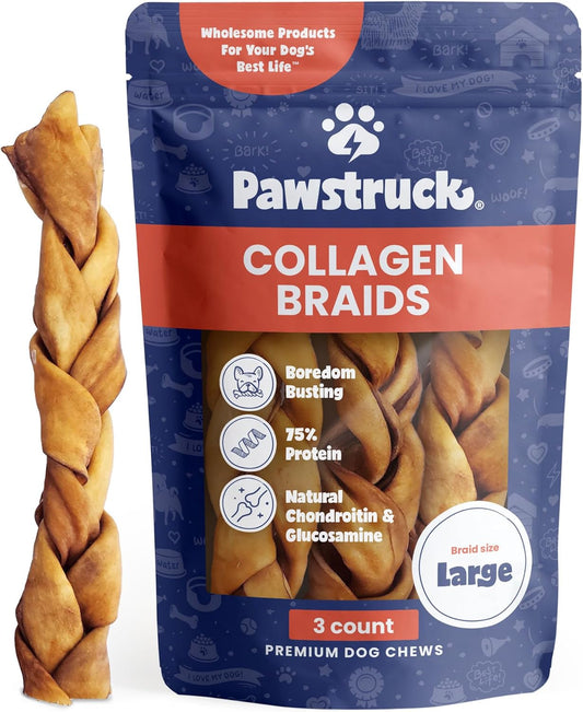 Natural Large 10-13” Beef Collagen Braids for Dogs – Long-Lasting Rawhide & Bully Stick Alternative, with Chondroitin & Glucosamine – 3 Pack