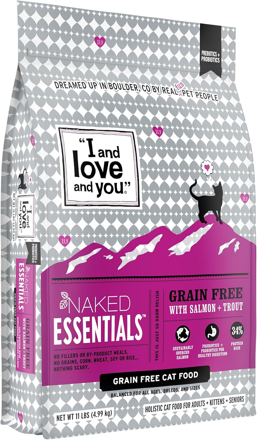 Naked Essentials Dry Cat Food - Salmon + Trout - Grain Free, Real Meat, No Fillers, Prebiotics + Probiotics, 11Lb Bag