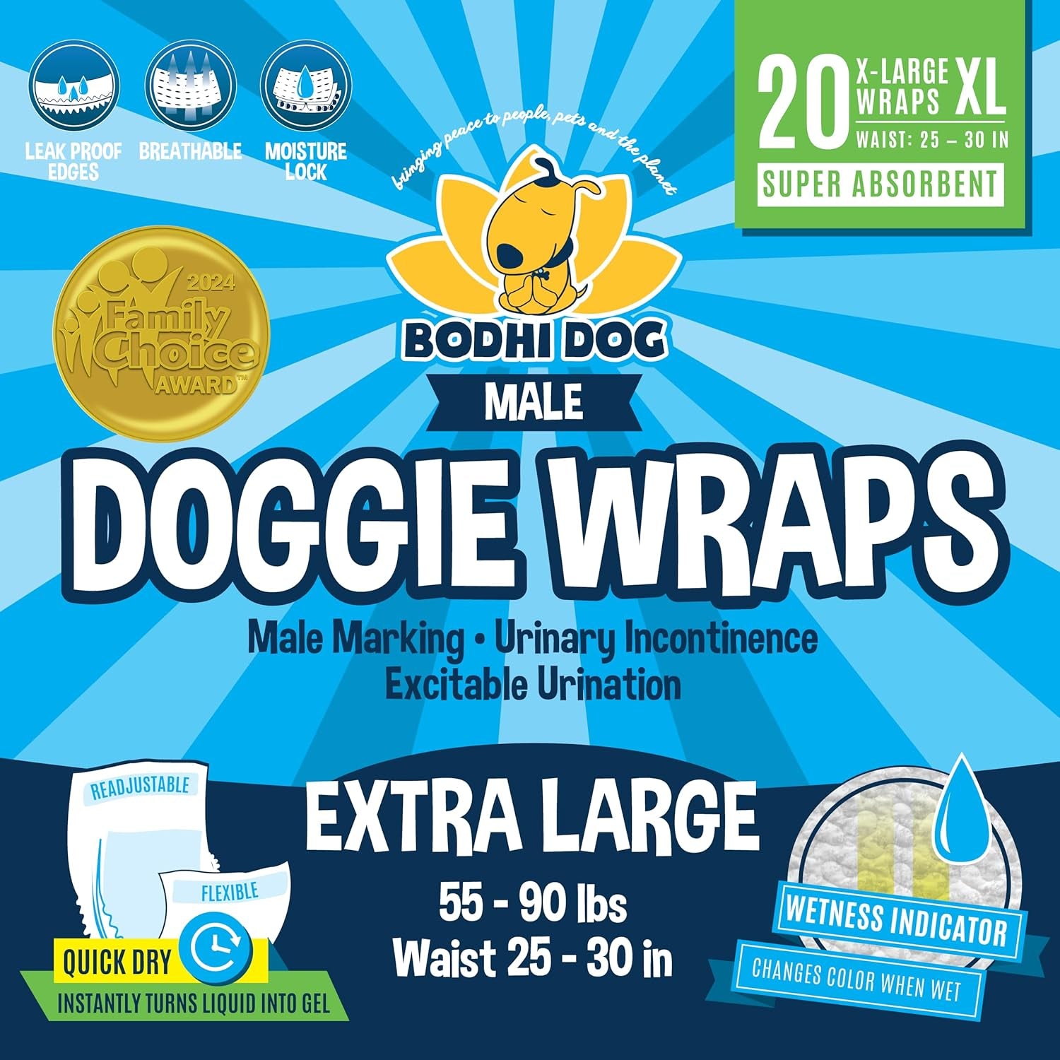 Disposable Male Dog Diapers - Super Absorbent, Leak-Proof Pee Wraps - Adjustable Fit, Comfortable Design, Advanced Moisture Control, and Wetness Indicator - Extra Large (20 Count)