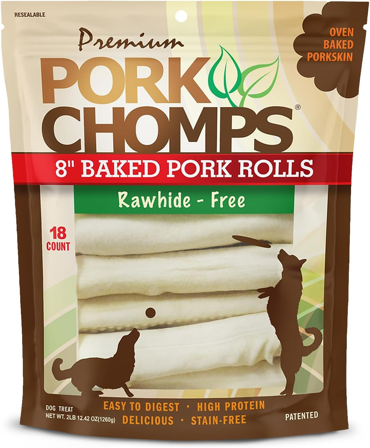 Baked Pork Skin Dog Chews, 8-Inch Rolls, 18 Count (Pack of 1)