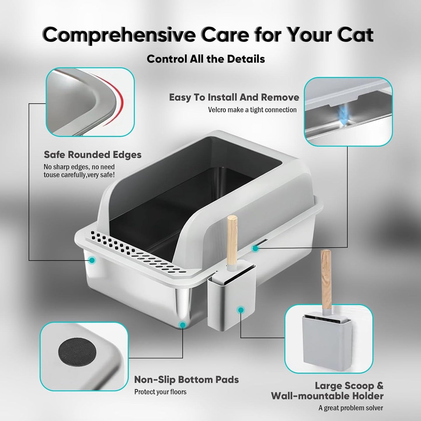 Stainless Steel Cat Litter Box with Lid, XL Large Litter Box for Big Cats, Enclosed Kitty Litter Pan with High Sides, Anti-Leakage & Non-Stick, Easy to Clean, Included Scoop, Aisle and Mat