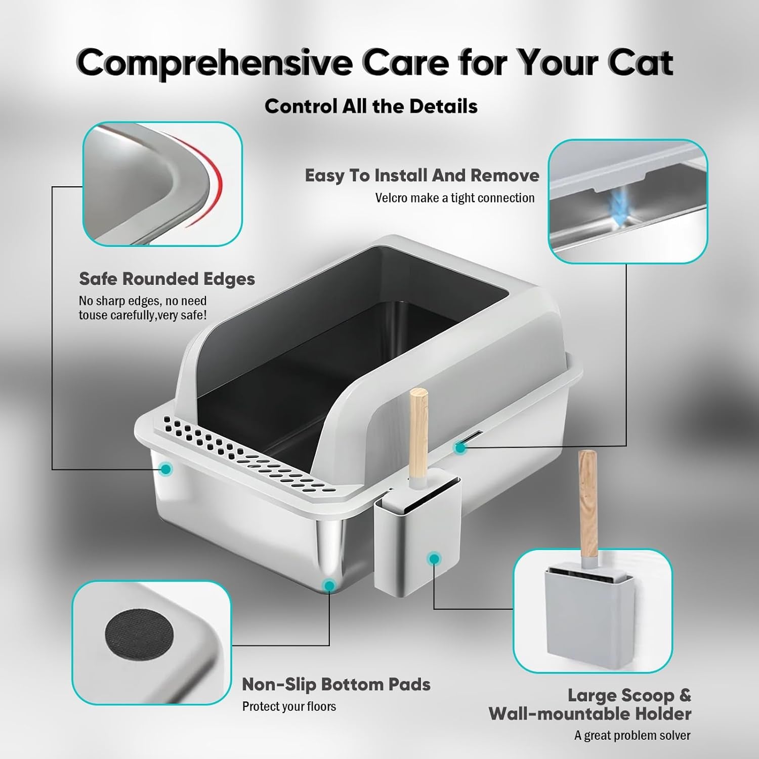 Stainless Steel Cat Litter Box with Lid, XL Large Litter Box for Big Cats, Enclosed Kitty Litter Pan with High Sides, Anti-Leakage & Non-Stick, Easy to Clean, Included Scoop, Aisle and Mat