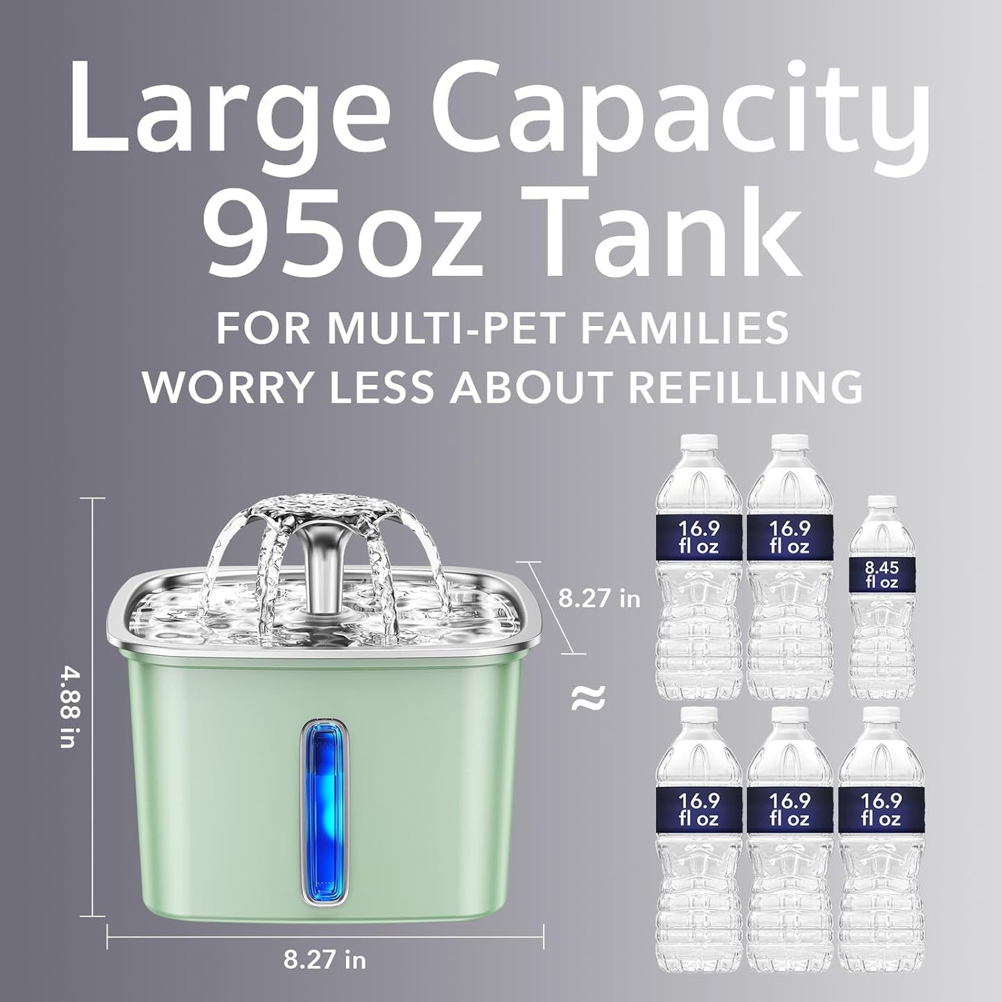 Innovation Award Winner Stainless Steel Cat Water Fountain, 95Oz/2.8L Automatic Pet Fountain Dog Water Dispenser with Replacement Filters & Silicone Mat for Cats, Dogs, Multiple Pets (Tea Green)