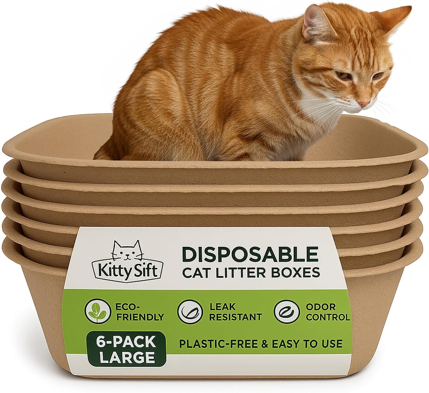 (6-Pack) Disposable Cat Litter Box, Sustainable, Clean - Large, 6-Pack