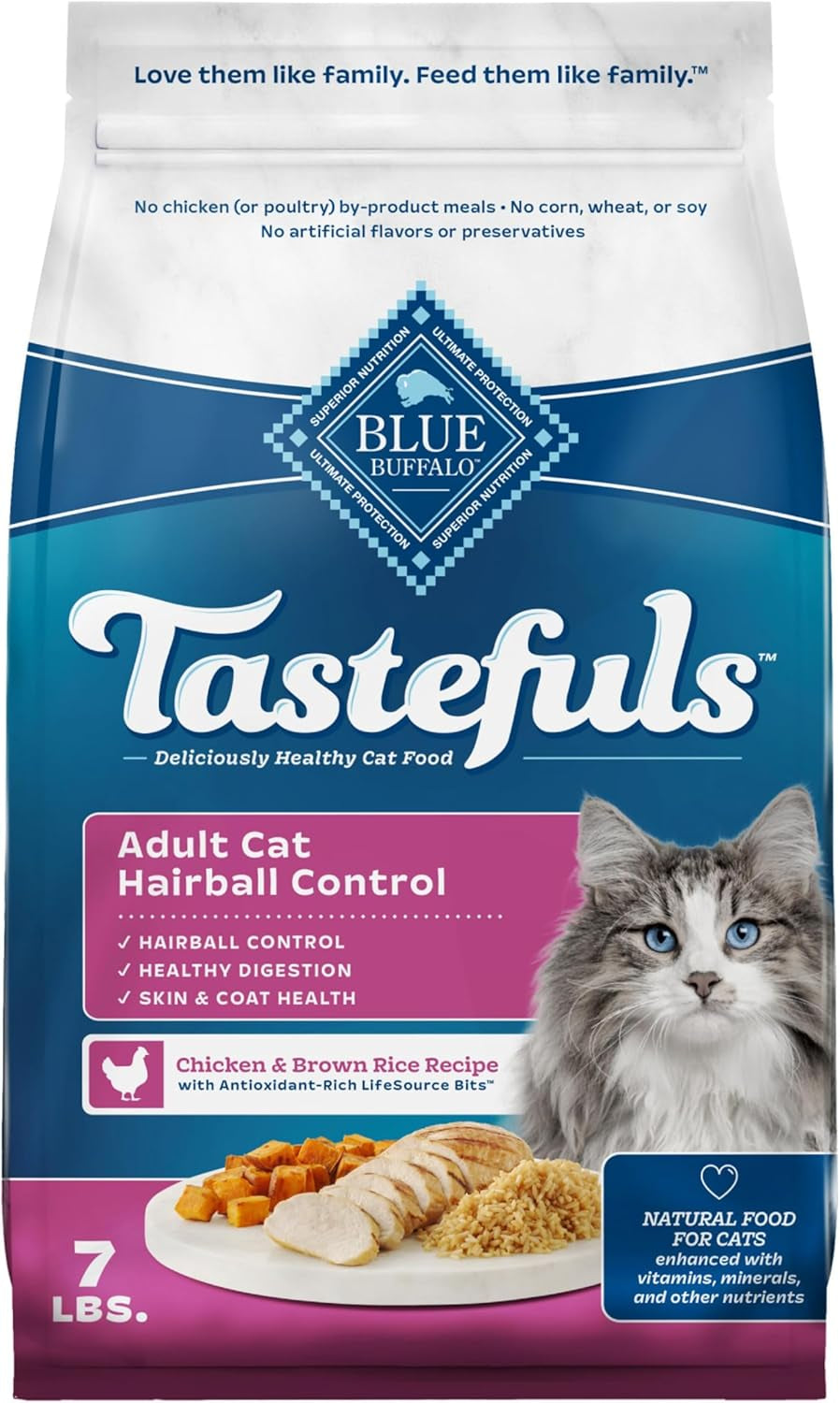 Tastefuls Natural Dry Food for Adult Cats, Hairball Control, Chicken & Brown Rice Recipe, 7-Lb. Bag