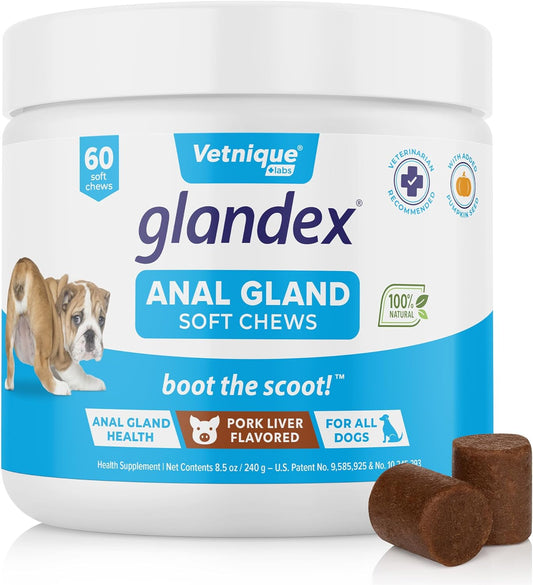 Labs Glandex Anal Gland Soft Chew Treats with Pumpkin for Dogs Digestive Enzymes, Probiotics Fiber Supplement for Dogs Boot the Scoot (Pork Liver Chews, 60 Count)