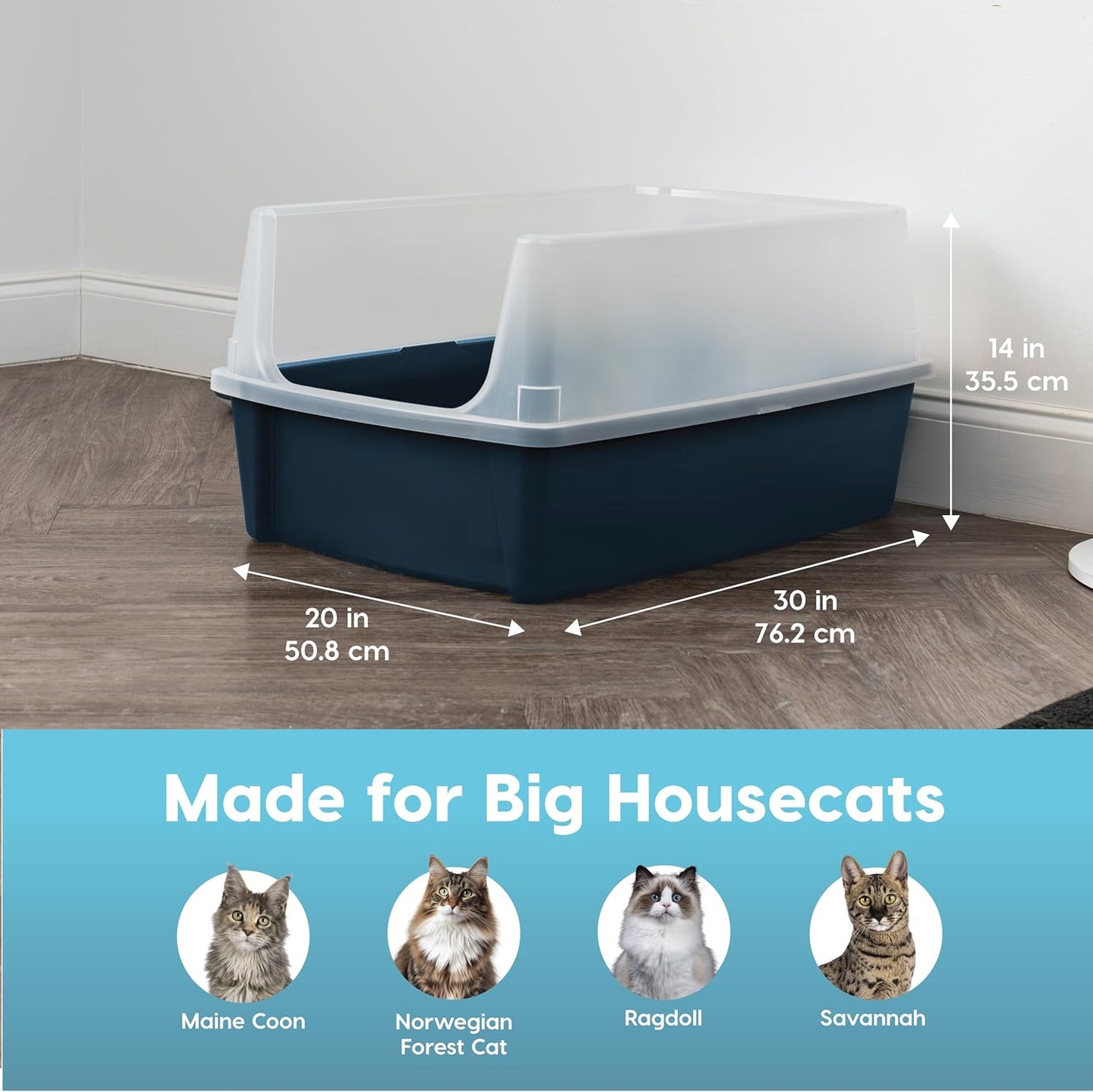 Xx-Large Cat Litter Box, Open Top Extra Large Litter Box for Big Cats and Multi-Cat Households, High Sided Scatter Shield, Easy to Clean, 30"L X 20"W X 14"H, Navy