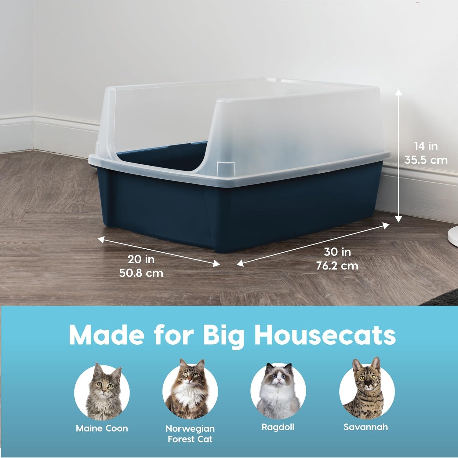 Xx-Large Cat Litter Box, Open Top Extra Large Litter Box for Big Cats and Multi-Cat Households, High Sided Scatter Shield, Easy to Clean, 30"L X 20"W X 14"H, Navy