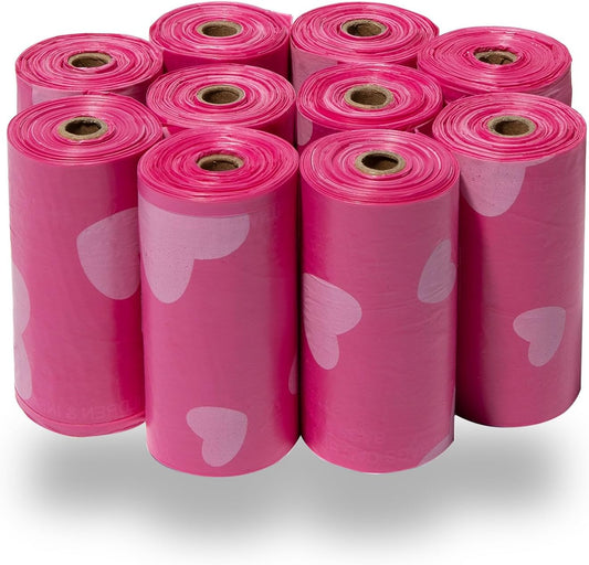 Dog Poop Bags (150 Bags) for Waste Refuse Cleanup, Doggy Roll Replacements for Outdoor Puppy Walking and Travel, Leak Proof and Tear Resistant, Thick Plastic - Pink Heart