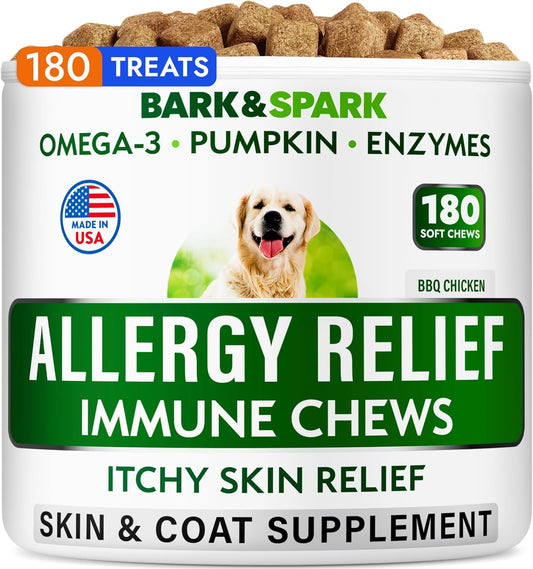 Dog Allergy Relief Chews (180 Immune Treats) - Anti-Itch Skin & Coat Supplement - Omega 3 Fish Oil - Dry & Itchy Skin Relief Treatment Pills - Itching, Paw Licking & Hot Spots