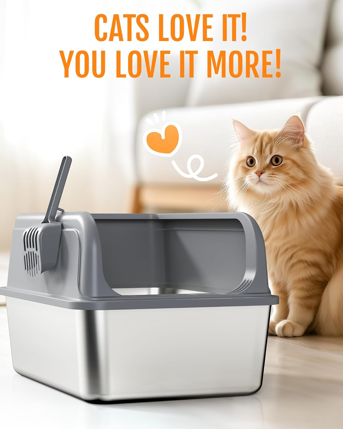 Stainless Steel Cat Litter Box, Metal Kitty Litter Box with Scoop, Anti-Leakage Top Entry, Non-Sticky, Easy to Clean, Grey, 13.5" × 17.3" × 11"