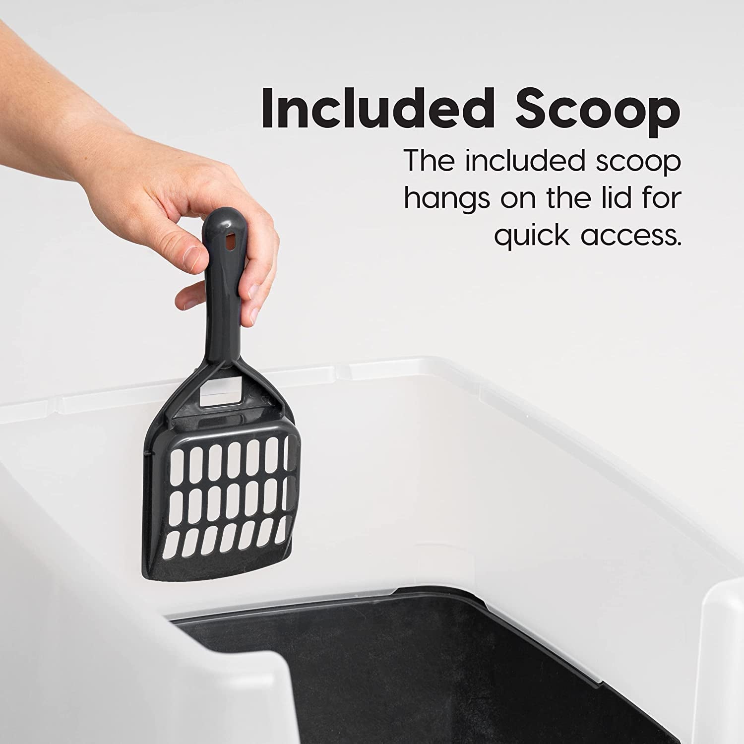 USA Large Open Top Cat Litter Box with High Sides, Scatter Shield & Scoop, Black - Easy Clean Plastic Litter Pan for Indoor Cats, Kittens or Multicat Homes