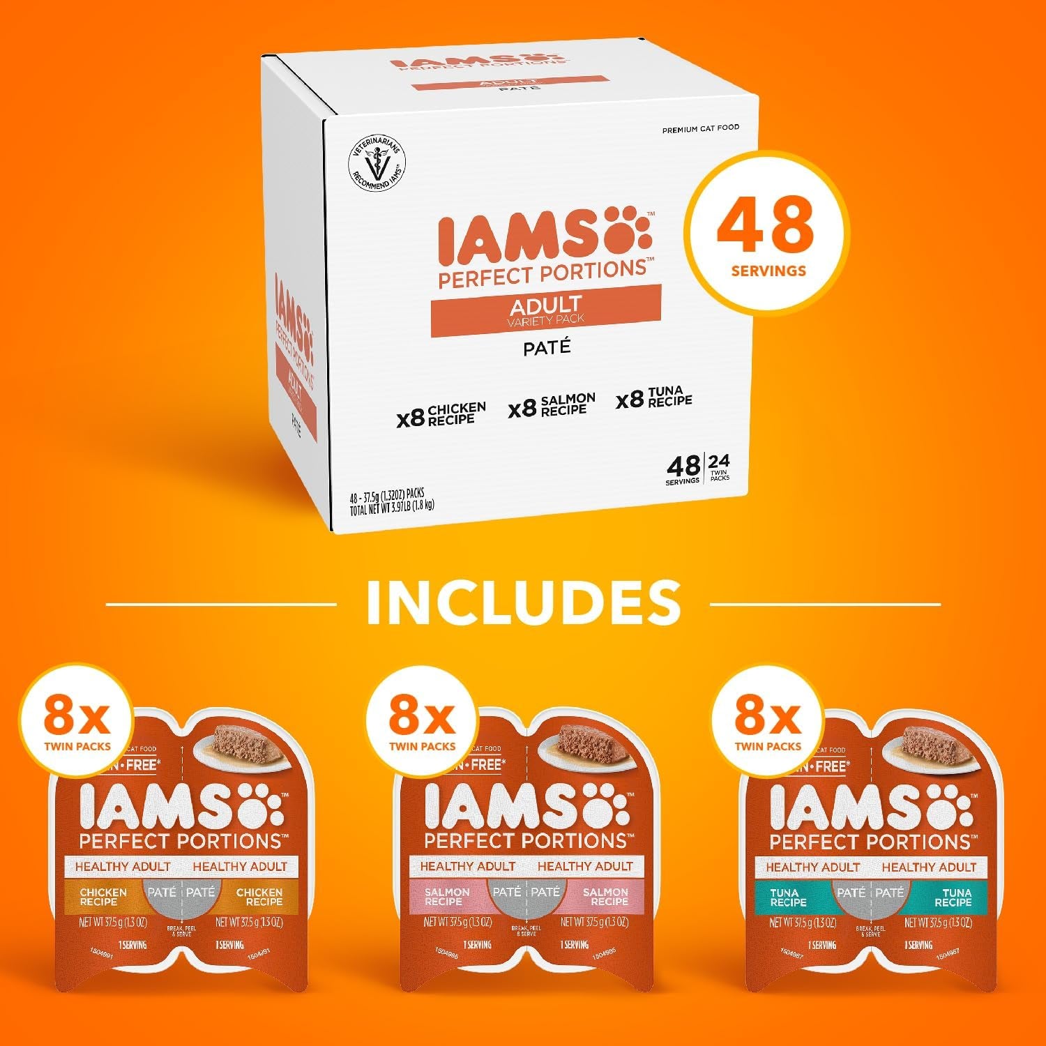 Perfect Portions Adult Wet Cat Food Pate, Chicken, Salmon, and Tuna Recipe Variety Pack, 2.6 Oz. Easy Peel Twin-Pack Trays (24 Count, 48 Servings)