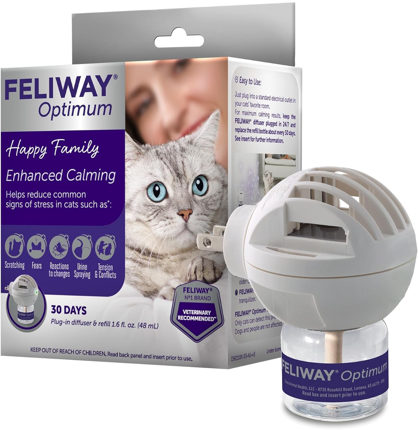 ® Optimum 30 Day Cat Calming Plug in Pheromone Diffuser Starter Kit, 48Ml - Helps Reduce Common Signs of Stress in Cats & Kittens, Enhanced Calming