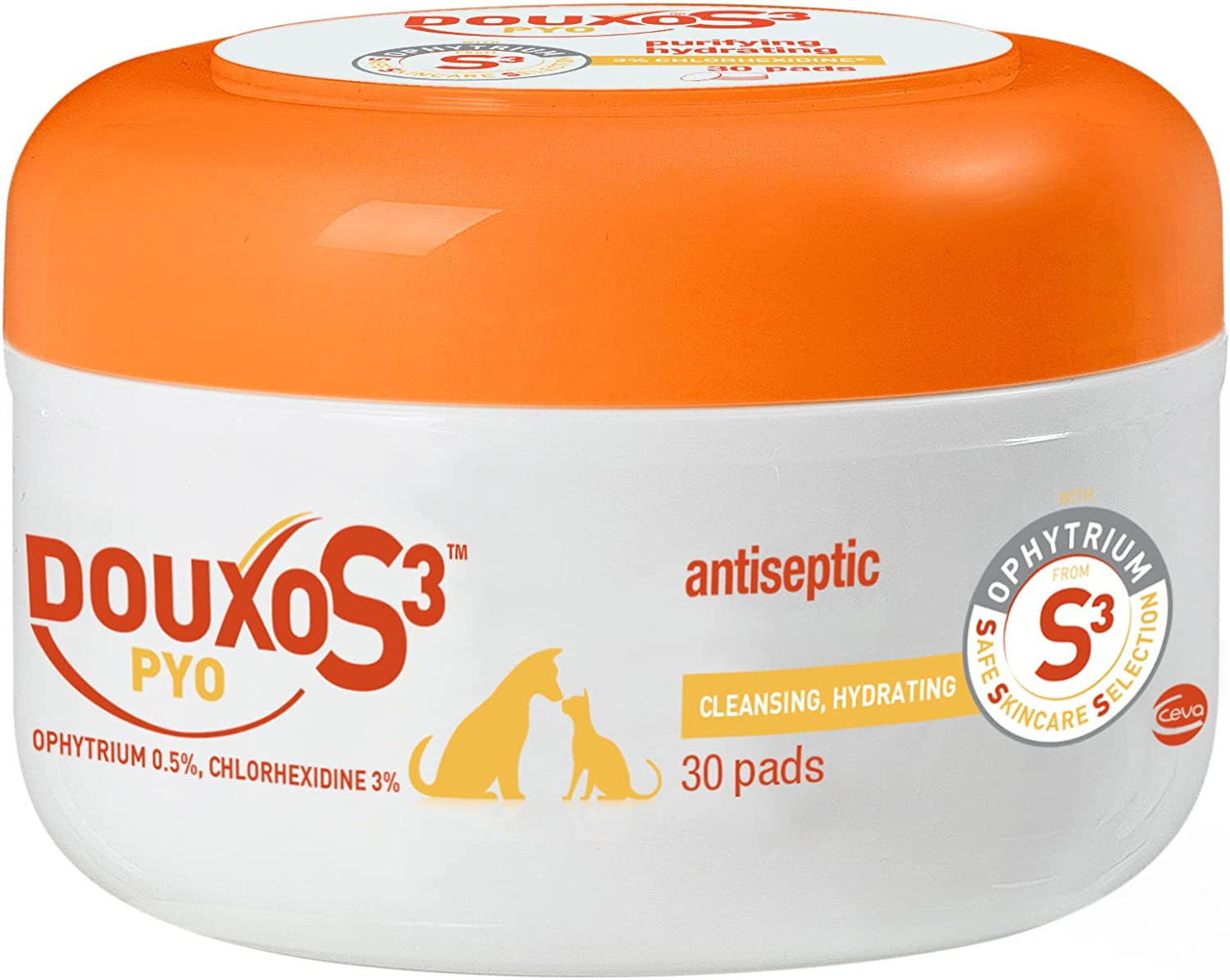 S3 Pyo Pads, Contains 3% Chlorhexidine & 0.5% Ophytrium, Antiseptic & Hydrating, for Bacterial or Yeast Skin Infections, for Dogs and Cats, 30 Pads