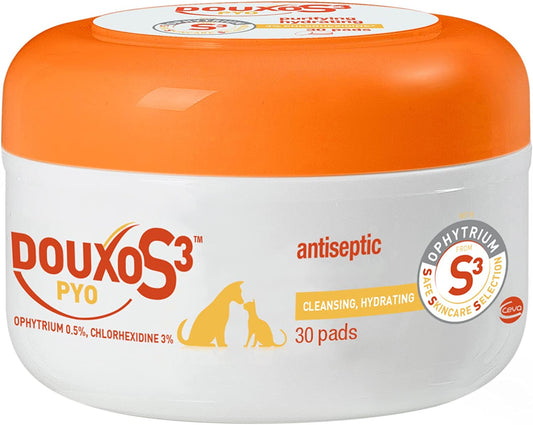 S3 Pyo Pads, Contains 3% Chlorhexidine & 0.5% Ophytrium, Antiseptic & Hydrating, for Bacterial or Yeast Skin Infections, for Dogs and Cats, 30 Pads