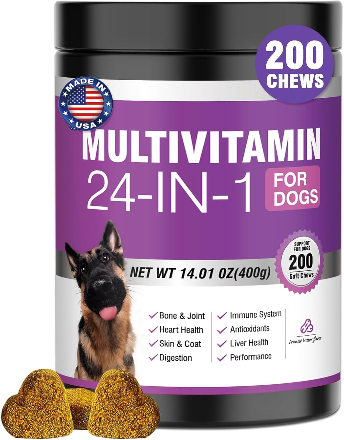 24-In-1 Dog Vitamins and Supplements 200 Ct Dogs Multivitamin Chewable Contain Chondroitin Probiotics Omega-3 Glucosamine for Dogs Skin Coat Heart Joint Gut Liver Brain Immune Support - Peanut Butter